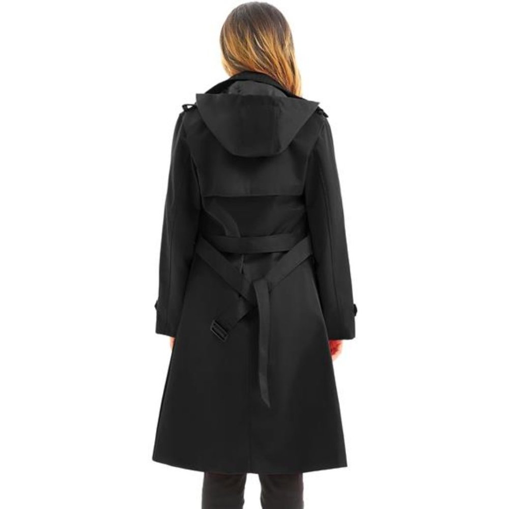 Women's Long Waterproof Trench Coat Double Breasted Belted Coat with Hood - Picture 2 of 8